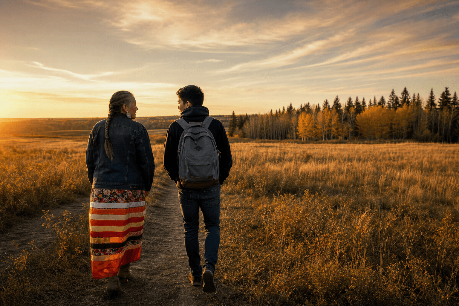 Elder and youth walking together on a prairie path at golden hour
