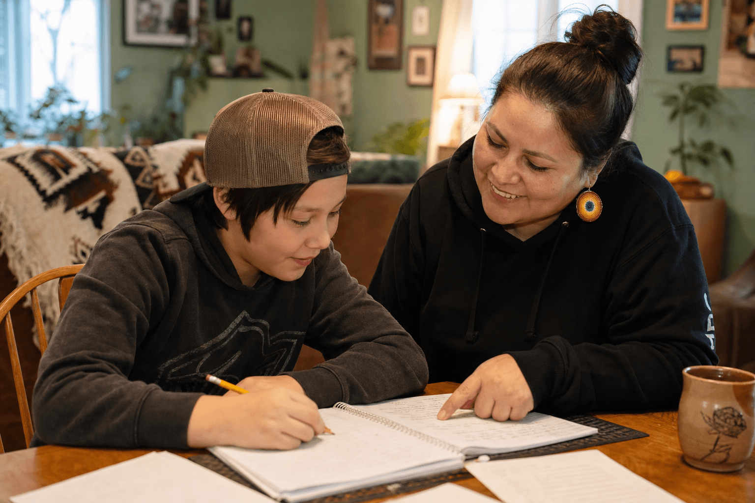 A mentor helping a youth with homework in a warm group home setting